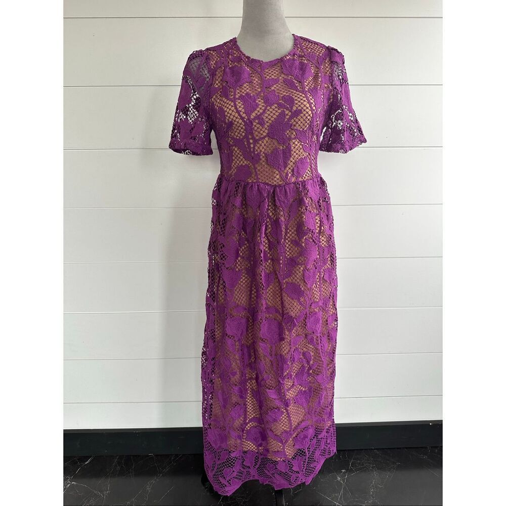 Dalia MacPhee Purple Lace Midi Dress with Short Sleeves Sz S NWT